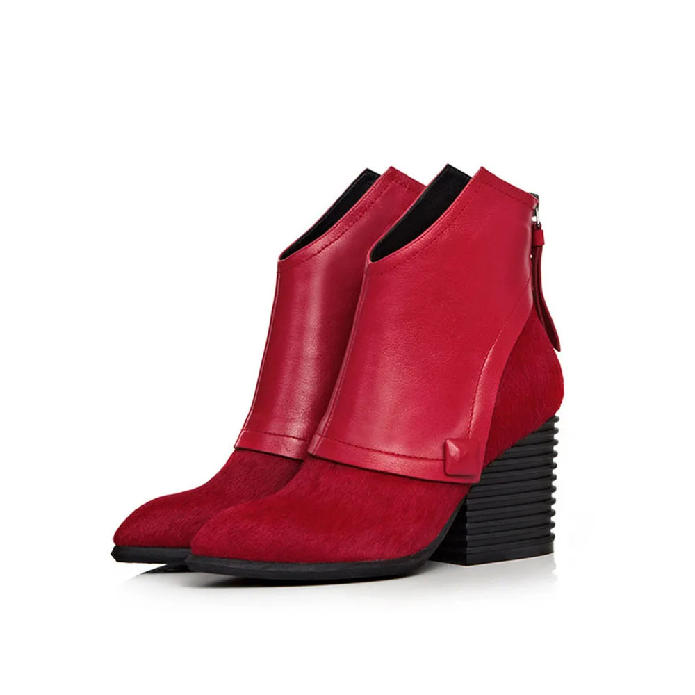 Женские зимние ботинки из натуральной кожи с острым носком на молнии; ботильоны на массивном каблуке; Цвет черный, красный; botte femme; размера плюс; LR01 muyisxi