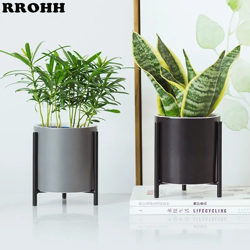 

Nordic simple Ceramic Flower Pot Planter And Geometric Round Iron Rack Stand Anti-rust Holder Display Home Decoration