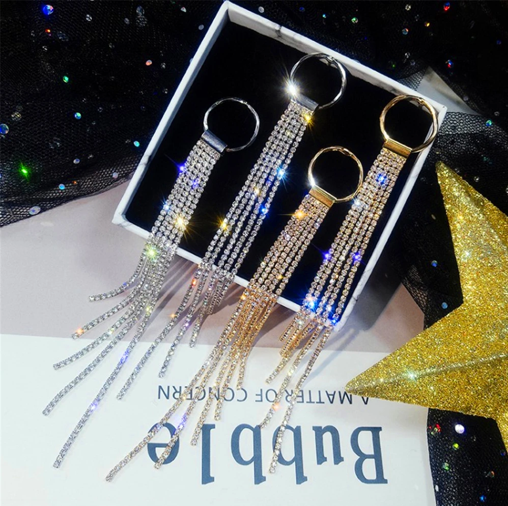 

Ladies fashion glamorous sparkling zircon long tassel ring earrings allergy resistant, gorgeous embellishments for parties