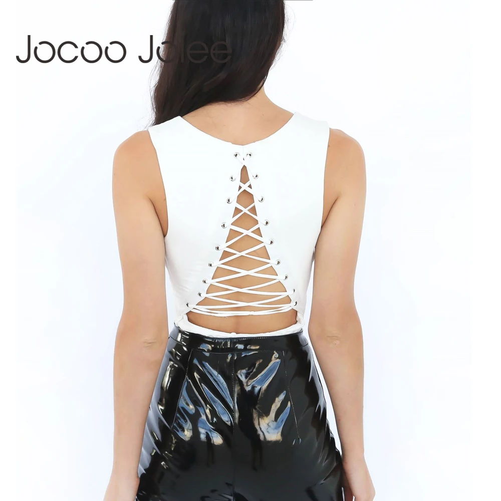 

Jocoo Jolee Sexy Back Cross Lace Up Bodysuit Women Sleeveless Solid hollow out Jumpsuits Female rompers macacao body feminino
