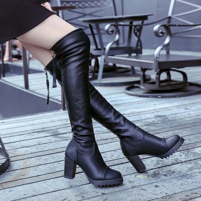 

New Round Toe Zipper Over The Knee Boots Women Fashion High Heel Womens Shoes Sexy Long Tube PU Black Boots Free Shipping