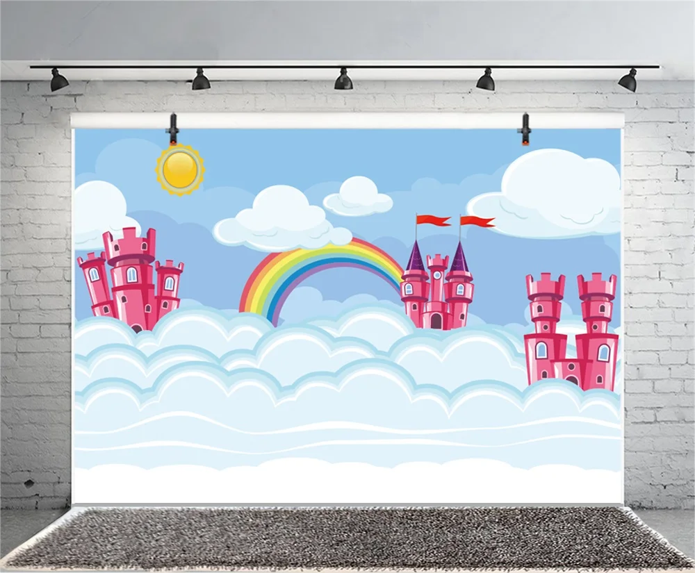 Laeacco Baby Party Cartoon Castle Rainbow Clouds  Photography Backgrounds Customized Photographic Backdrops For Photo Studio