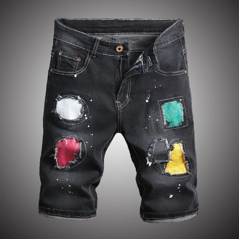 Fashion Mens Vintage Paint Jeans Shorts 2019 Summer Men Street Casual Denim Shorts Distressed Patch Black Short Jeans WY266
