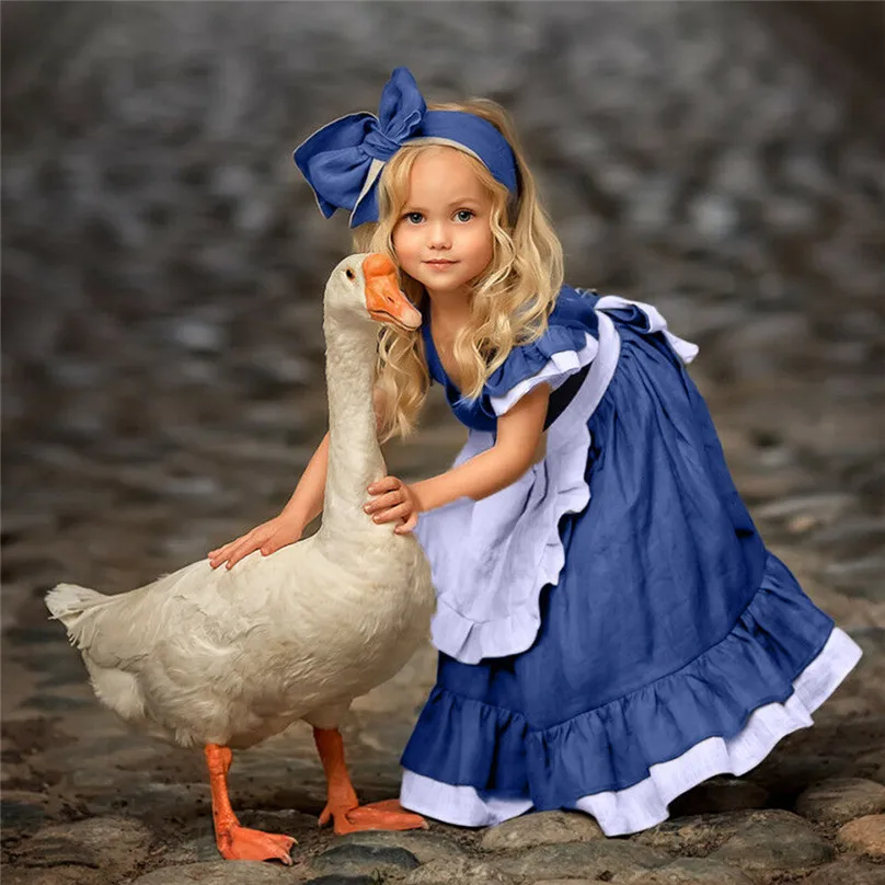 Платье для девочек с расклешенными рукавами ДРАПИРОВАННОЕ однотонное синее платье до колена с круглым вырезом и молнией на спине с белым кружевным фартуком для маленьких девочек 4JJ