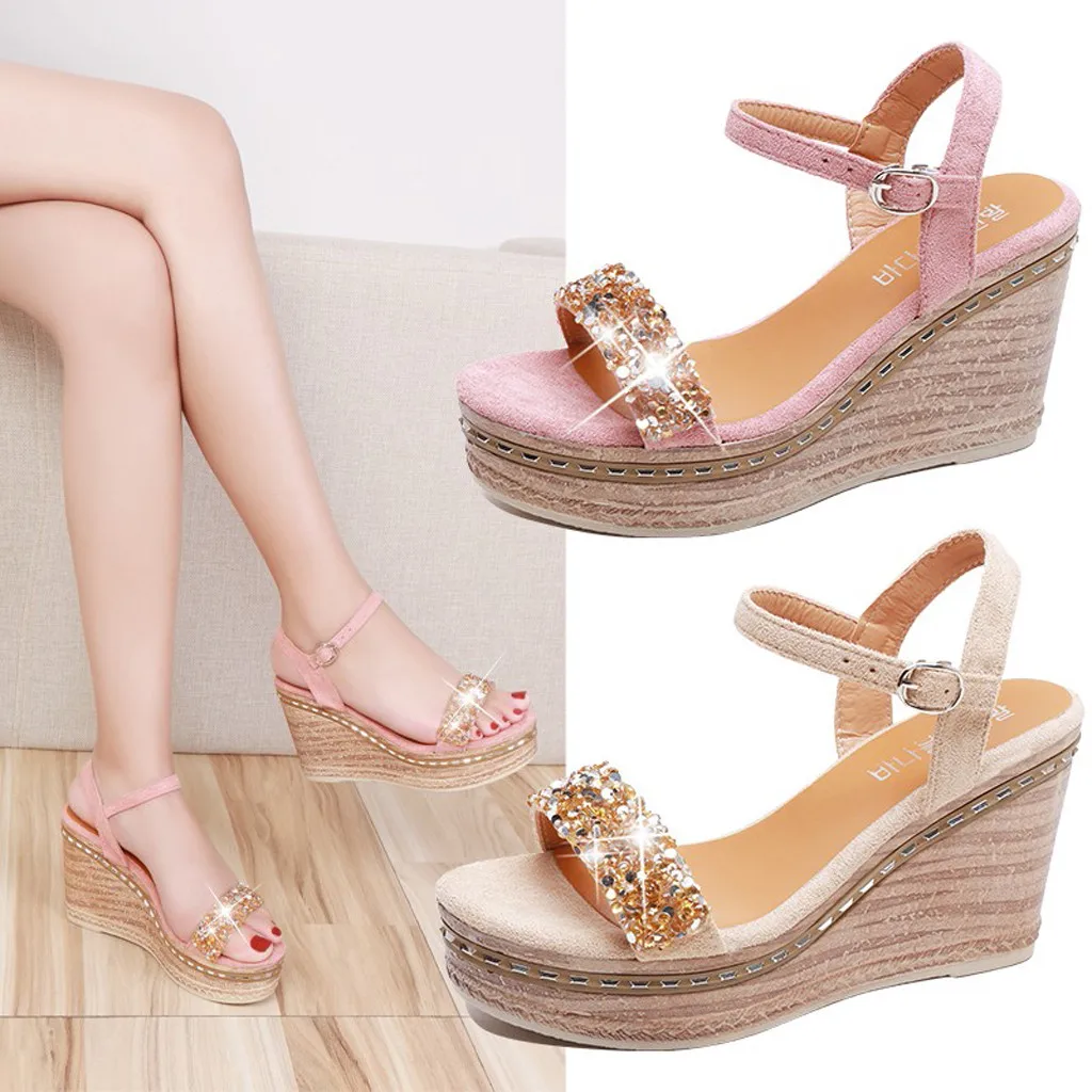 

Women's sandals summer Buckle Strap wedge with open toe buckle sandals rhinestone flower platform waterproof high heels sandals