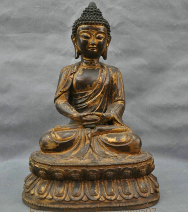 

Free Shipping 16'' China Tibetan Buddhism Sakyamuni Buddha Sit Bronze Statue