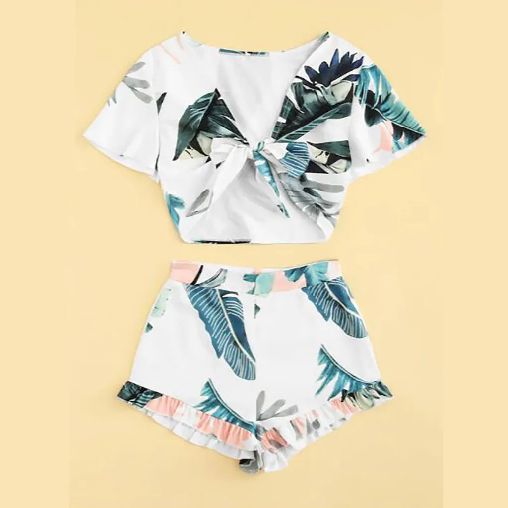 

Bow V-Neck Short Sleeve Women Two Piece Set Print Crop Top Women Suits Summer Style Short Pants Women's Sets