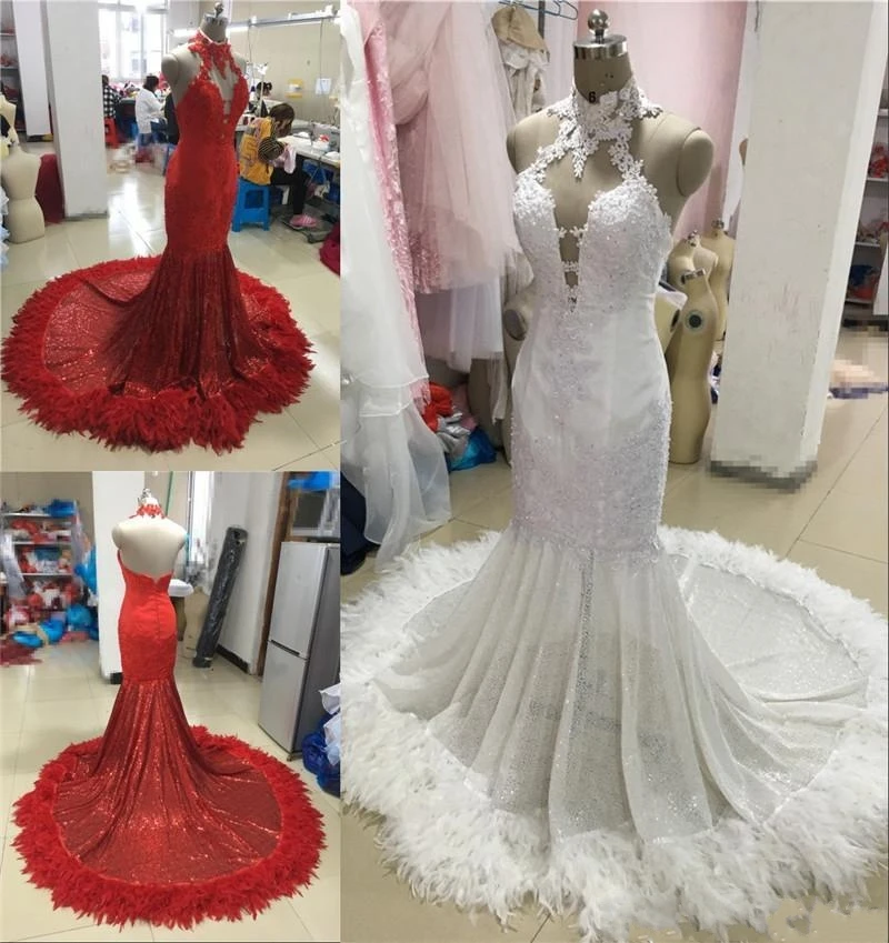 

2020 Sexy Red Feather Mermaid Prom Dresses Halter Vintage Plus Size Black Girls African Arabic Formal Evening Party Gowns