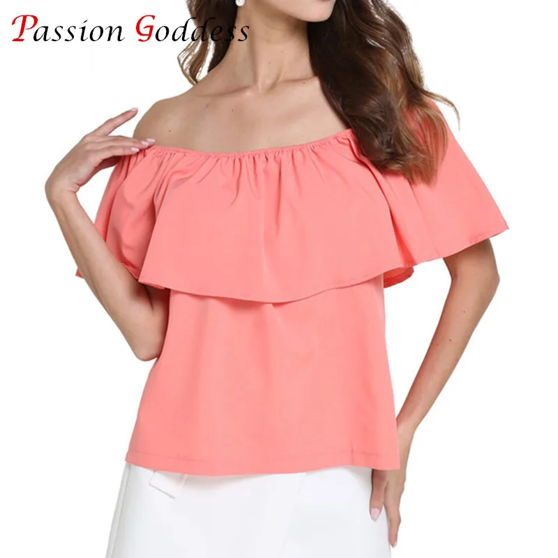 Image 2017 Summer Plus Size Women Chiffon Blouse Shirt Slash Neck Sleeveless Off the Shoulder Ruffles Blouses Ladies Tops White Red