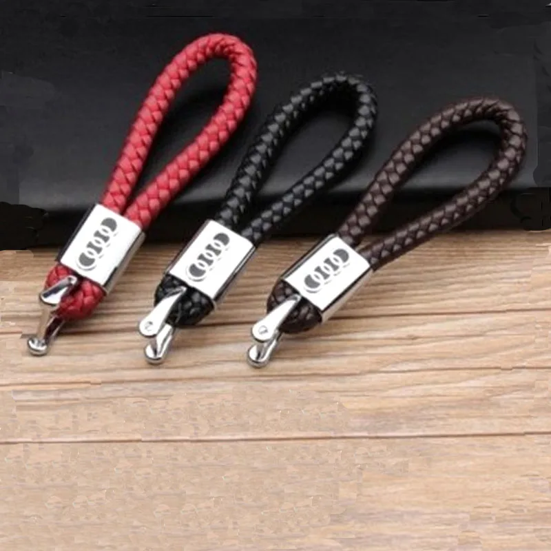 

Creative Car Handmade PU Woven Rope Key Chain Simple Men And Women Customized Car Logo Horseshoe Button Key Pendant