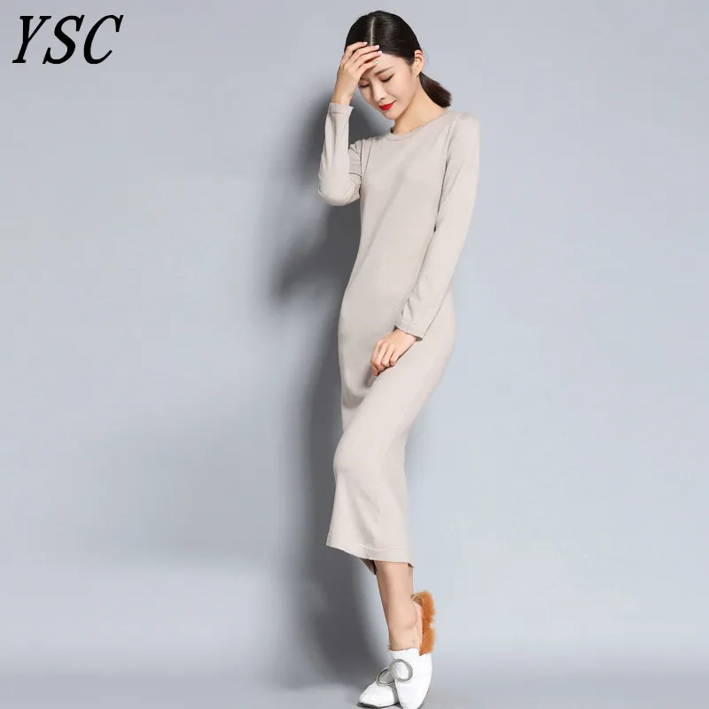 

YUNSHUCLOSET spring and autumn Women's Knitted Cashmere Wool Dress Round collar Long style Solid color Dress Free Shipping