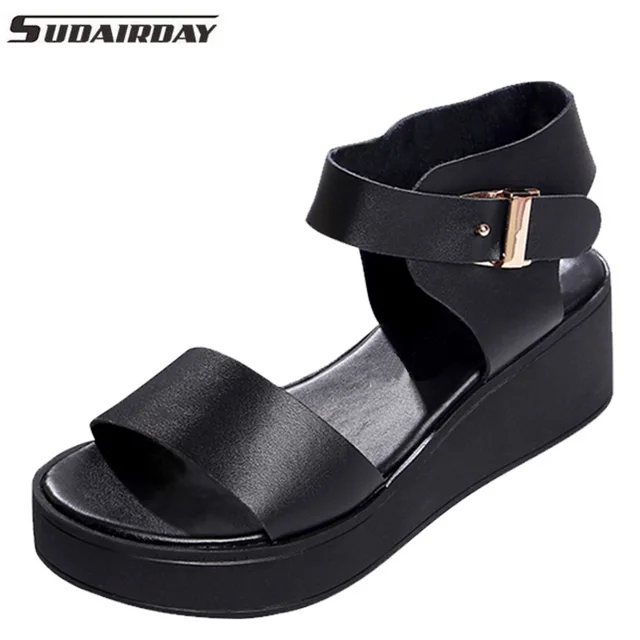 Women Sandals Summer Shoes Genuine Leather Comfort Platform Thick Heel Black White Sandals Wedges Women's Shoes Plus Size 34-42