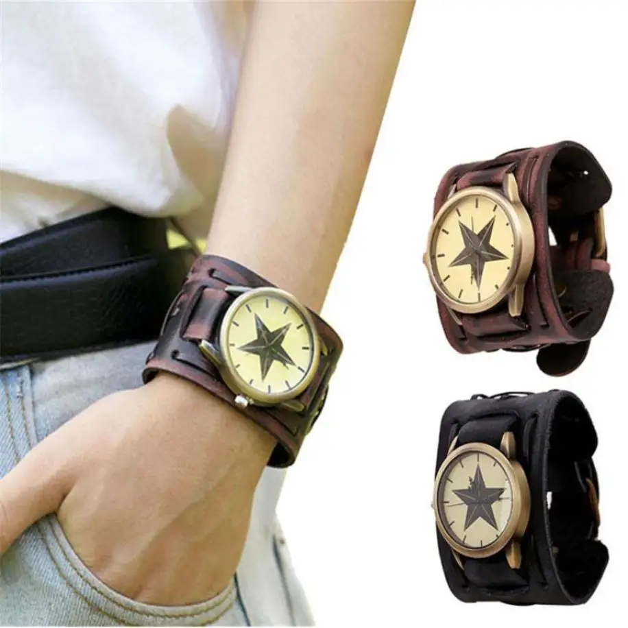 Улучшенные часы для мужчин стиль ретро панк Рок коричневый большой широкий кожаный браслет манжета Мужские часы Мужские наручные часы relogio masculino