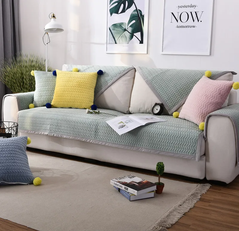 Толстый Бархатный Чехол для дивана в европейском стиле, однотонный чехол, мягкий плюшевый Противоскользящий чехол для дивана, дивана, полотенца для декора гостиной - Цвет: Светло-зеленый