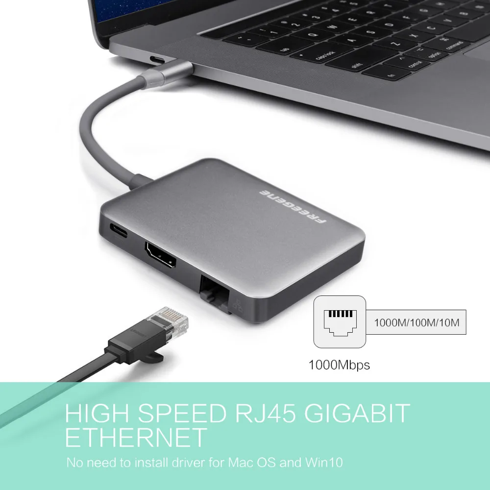 FREEGENE usb-хаб USB-C 4K HDMI Ethernet RJ45 Thunderbolt 3 адаптер для MacBook Pro 13 15/huawei P20 Pro type C USB 3,0 концентратор