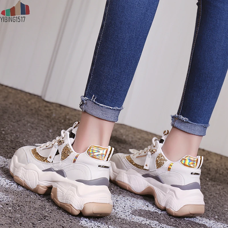 2019 осенние женские блестящие кроссовки на платформе Повседневная обувь Dad Dames