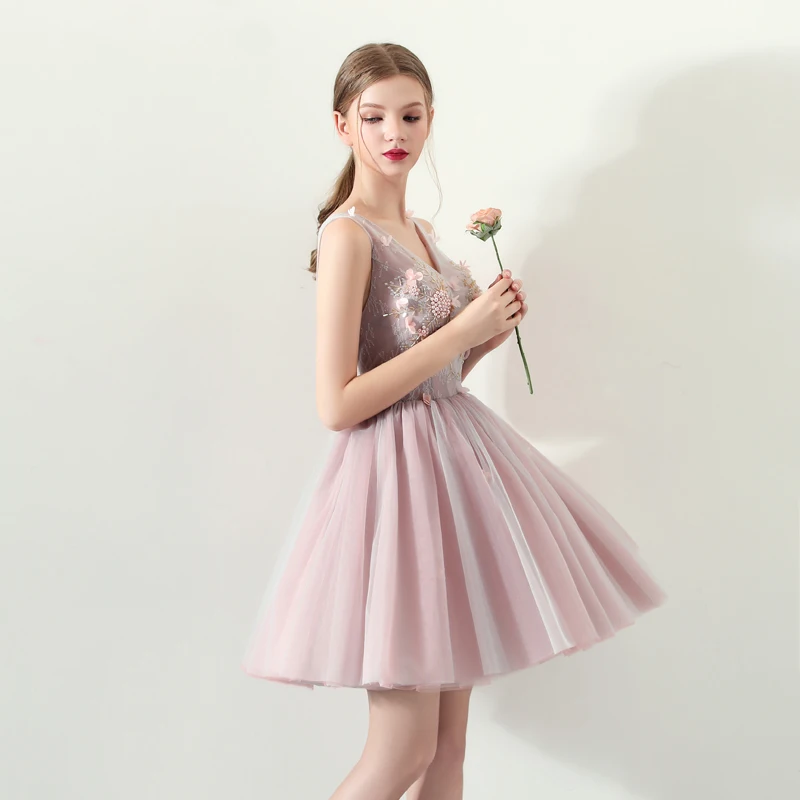 SSYFashion Новые коктейльные платья Сладкие розовые кружевные аппликации Бисероплетение А-силуэт v-образный вырез короткое официальное вечернее платье невесты платья на заказ