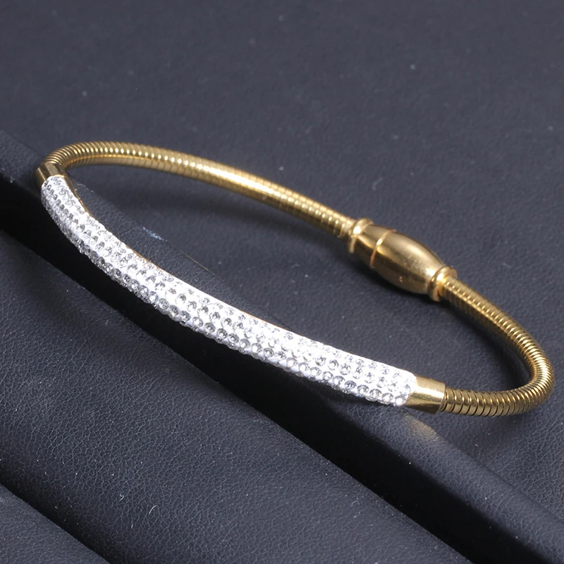Ювелирный женский браслет из нержавеющей стали, браслет с кристаллами, серебряный, золотой, Магнитный Браслет-манжета