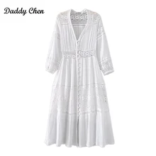 2017 Summer maxi Women boho Dress loose sexy lace deep V Neck Long sleeve white Elegant party Dresses plus size casual Sundress