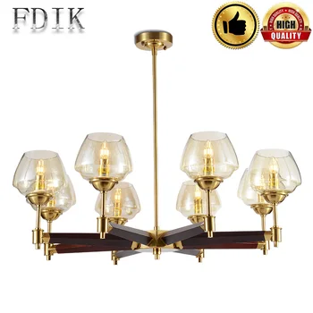 

Post modern Retro Luxurious Chandeliers E14 Oak Glass Lampshade Living room Restaurant Top Grade Chandelier Wall Decorative Lamp