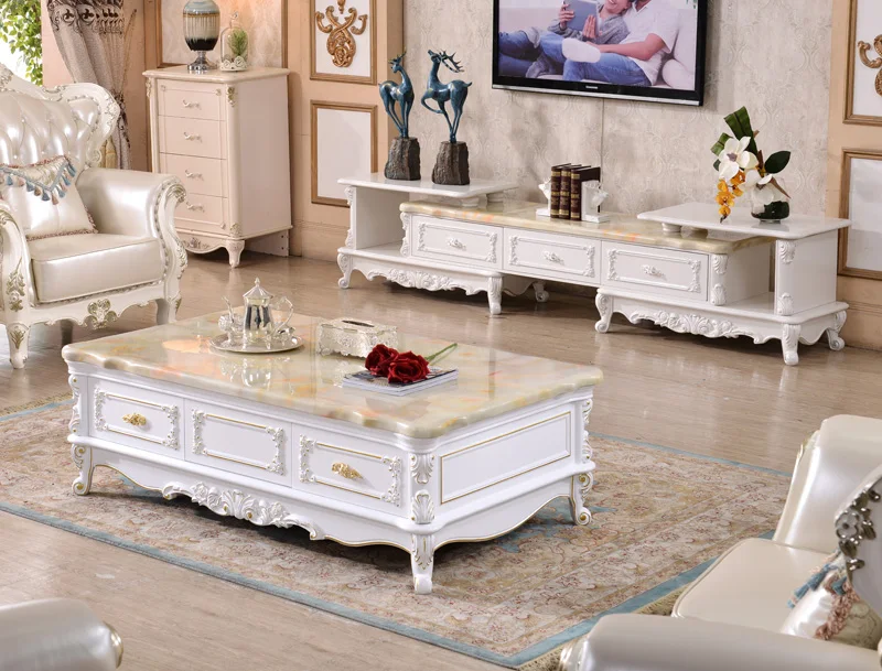 European style coffee table marble TV combination of solid wood
