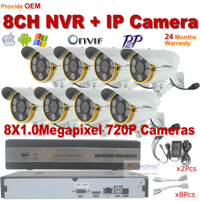 

Hot sale! 720P Security system 8ch Motion detct IP Camera recorder NVR and waterproof Array IR night P2P Onvif 1.0MP CCTV Camera
