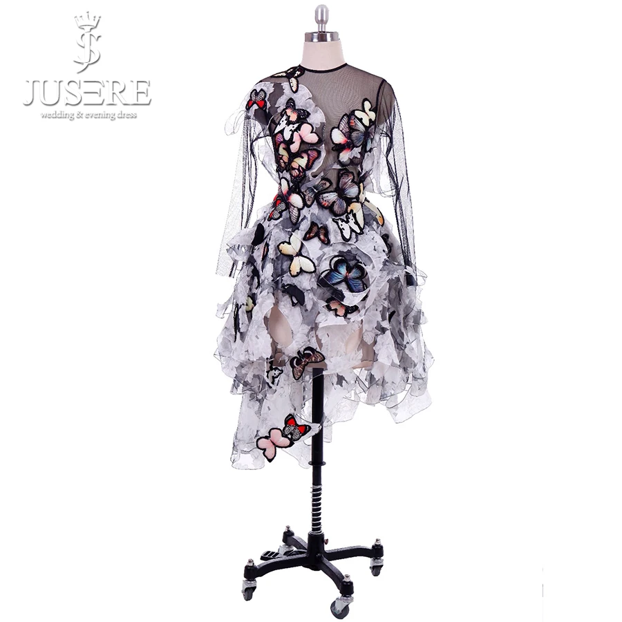 Hollow out Gown Zwarte Tule Lange Mouwen Vlinder Illusion Lijfje Kunstwerk Ontwerp Asymmetrische Rok Prom Dress 2018