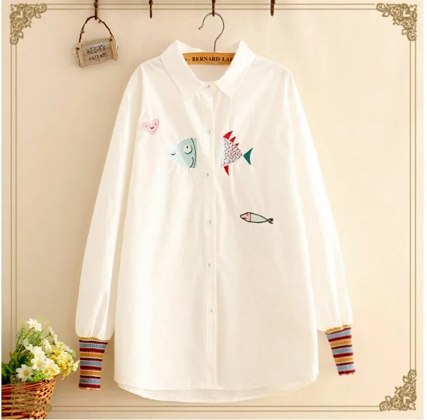 

Swimming fish embroidery cute cartoon white shirt long sleeve white blouse girl 2019 spring
