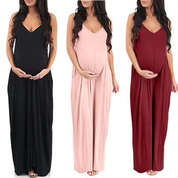 

Women's Maternity Pregnanty V-Neck Sleeveless Summer Solid Long Dress