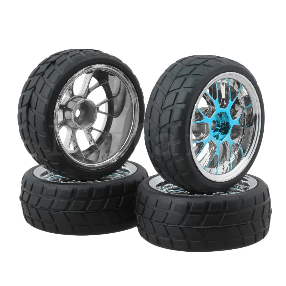 

Mxfans 4PCS RC 1:10 Racing Car Y shape Blue Plastic Wheel Rim Grid Grain Rubber Tires