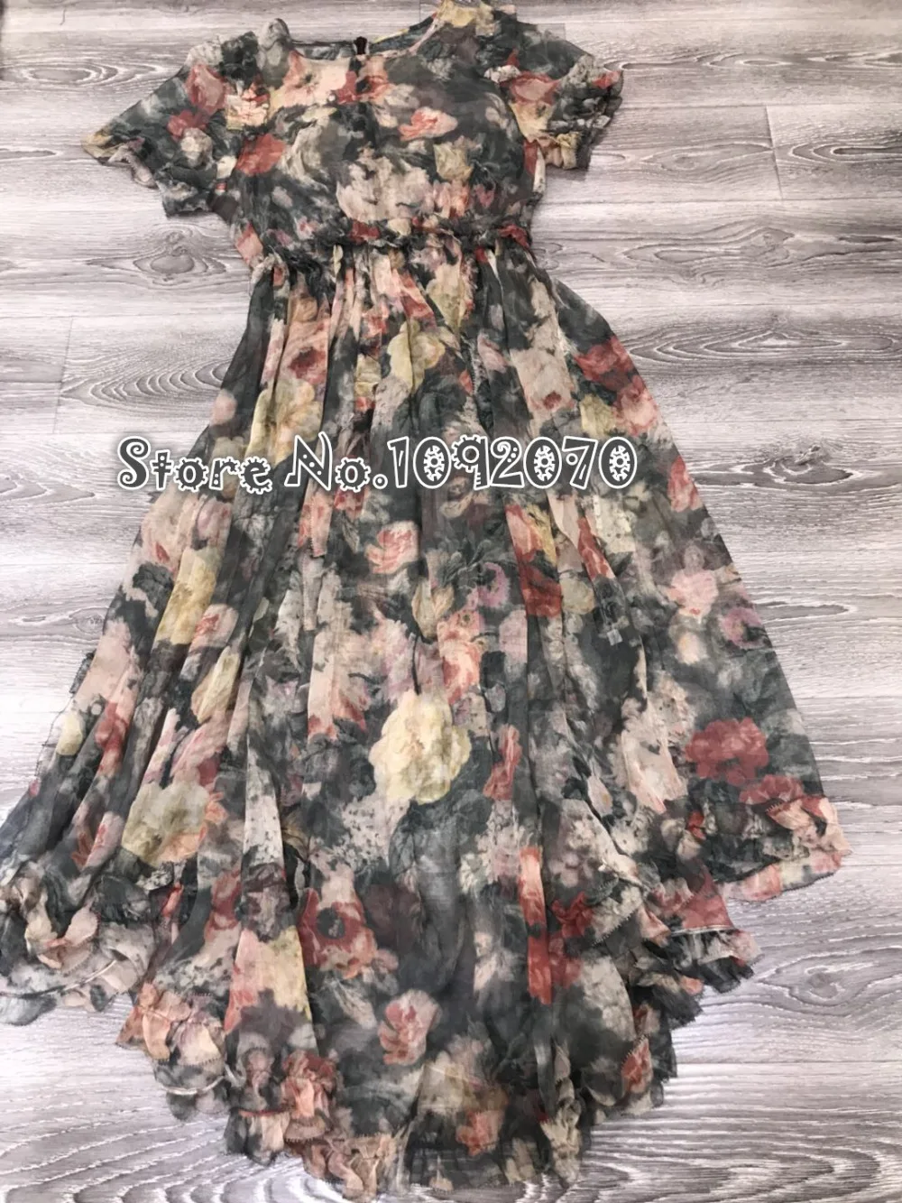 

Women Short Sleeve Charcoal Washed Floral Print Radiate Ruffle Dress Asymmetrical Silk Midi Dress