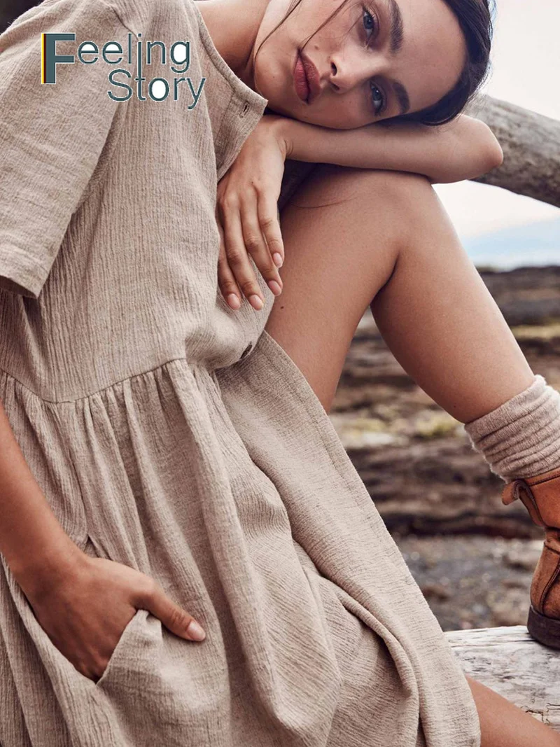 

Boho Cotton Linen Dress Women's Solid Short Sleeve Pocket Button Dress Loose Knee Length Dress Summer Sun Dresses Vestido
