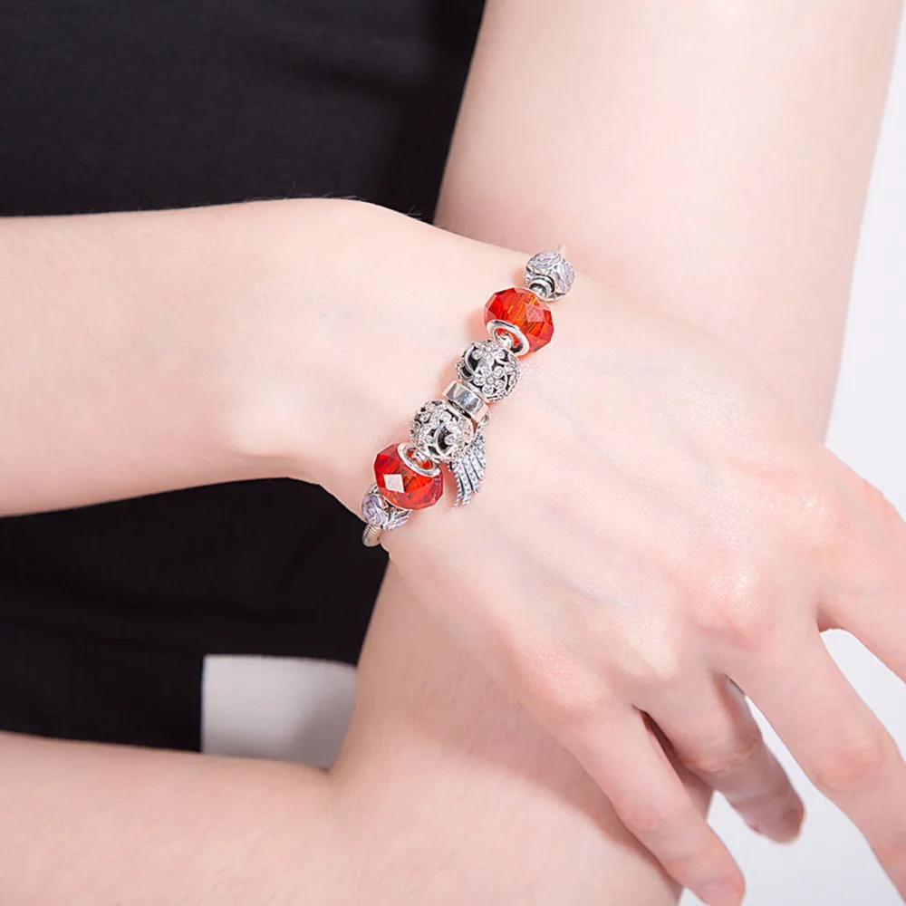 

Robira European Style Romantic Silver 925 Feather Red Charm Bracelets For Women Fit Original DIY Bracelets Brand Fine Jewelry