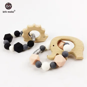 

Let's make Baby Teether Toy Teether Rattle Sensory 2pc Silicone Teething Geometric Wooden Hedgehog Toddler Toy Organic Infant