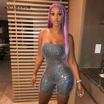 

ANJAMANOR Silver Glitter Sexy Romper Women Bandage Bodycon Jumpsuits 2020 Summer Festival Rave Clothes Club Playsuit D66-I40