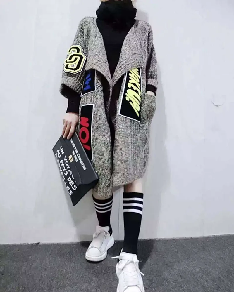 Новинка, Женский индивидуальный длинный кардиган с аппликацией, модный толстый вязаный свитер, пальто, женский свитер, шаль и пончо - Цвет: A3141gray