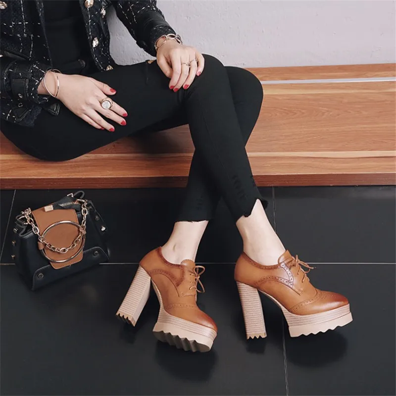2019 Spring Fashion Women Pumps Platform Heels Rubber Black Lady Casual Brogue Shoes Leather Lacing High Heels Footwear Big Size (9)