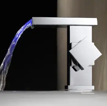 

Luxury Bathroom LED waterfall Faucet sink basin mixer tap square chromed polished brass LED light faucet