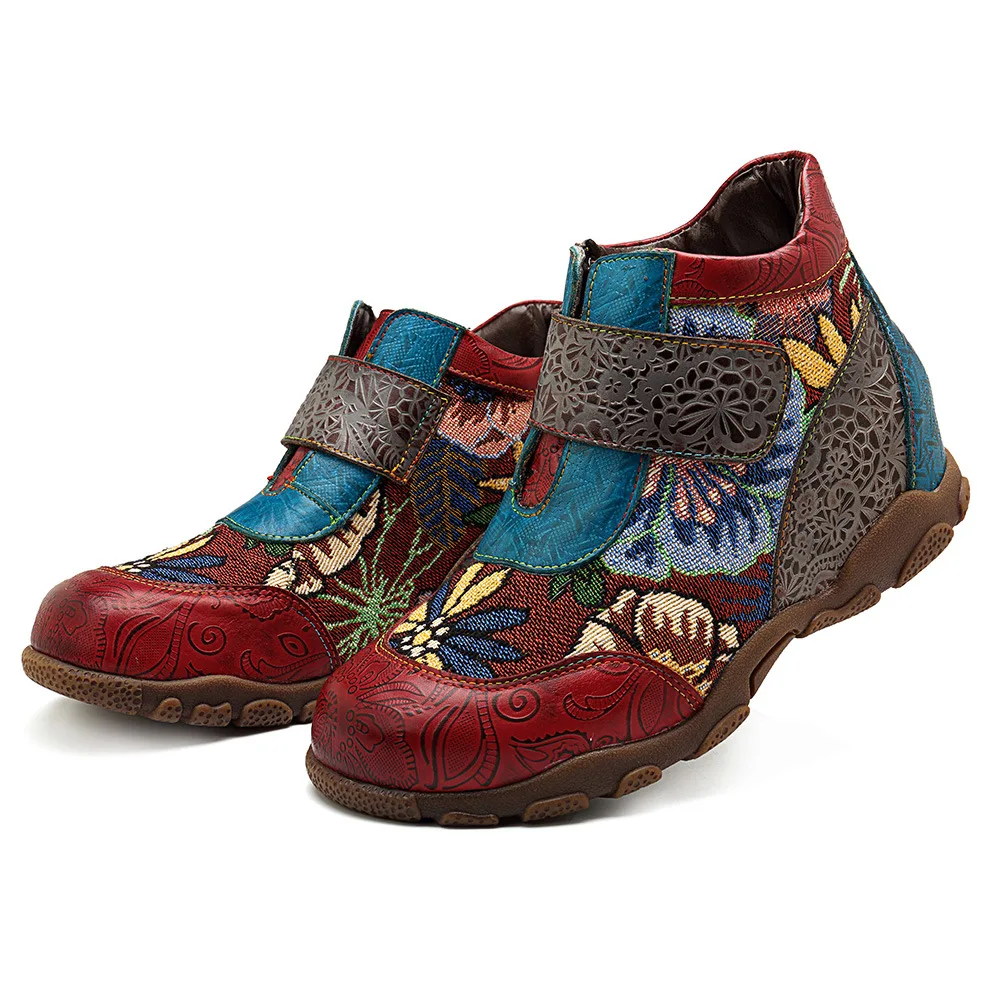 

Johnature 2019 New Handmade Leisure Genuine Leather Comfortable Round Toe Flower Sewing Ankle Boots For Women Height Increasing