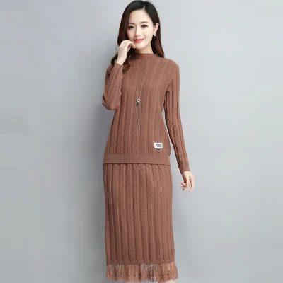 Spring New Knitted Sweater Two Piece Set Top+ Skirt Women Plus size Lace edge Skirt Loose Turtleneck Sweater Pullover Dress 3XL - Цвет: Brown