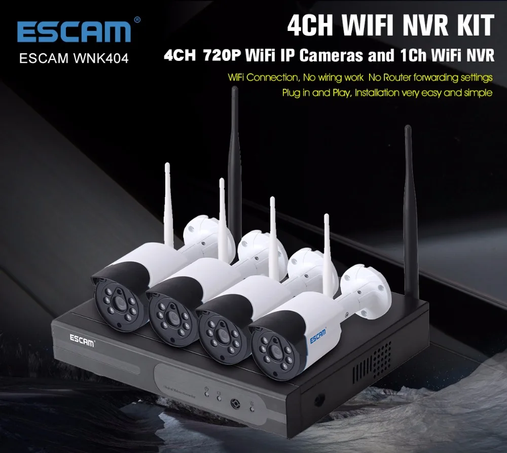 ESCAM WNK404 Outdoor 4CH CCTV Security Surveillance System ONVIF 1MP HD-720P Bullet Video Wireless Wifi Camera NVR System Kit ESCAM WNK404 Outdoor 4CH CCTV Security Surveillance System ONVIF 1MP HD-720P Bullet Video Wireless Wifi Camera NVR System Kit
