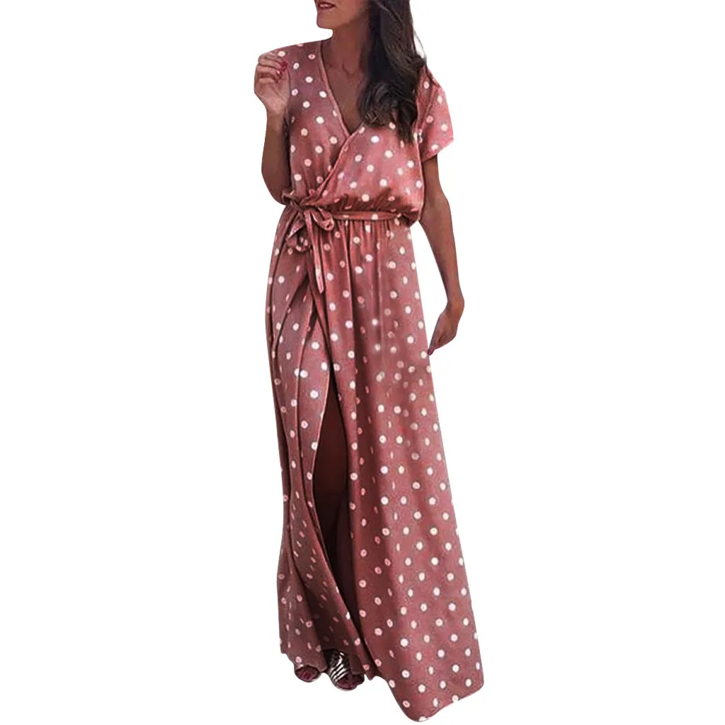Summer Sexy Dress Women Sexy Pink Wave Point V-Neck Maxi Dress Fork Opening Long Dress With Belt vestidos 2019 festa