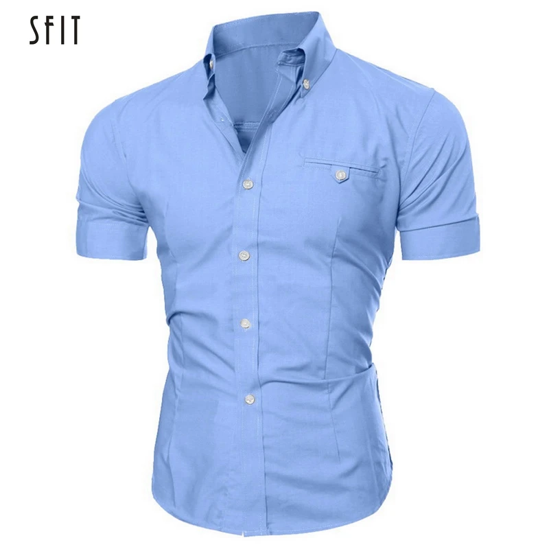 

SFIT Men Shirt Summer Man Homme Cotton Social Clothes Short Sleeve Hawaiian Camisa Masculina Casual Slim Fit Male Dress Shirts