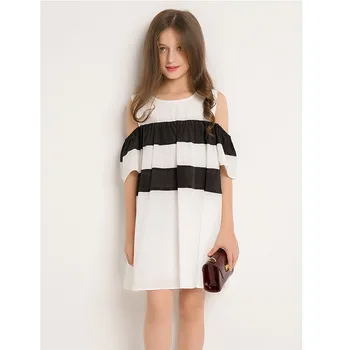 

Fashion Off Shoulder Summer Stripes Ruffles Off Teenage Girls Dress Flare Sleeve One-piece Casual Dress for Girls Beach Dress