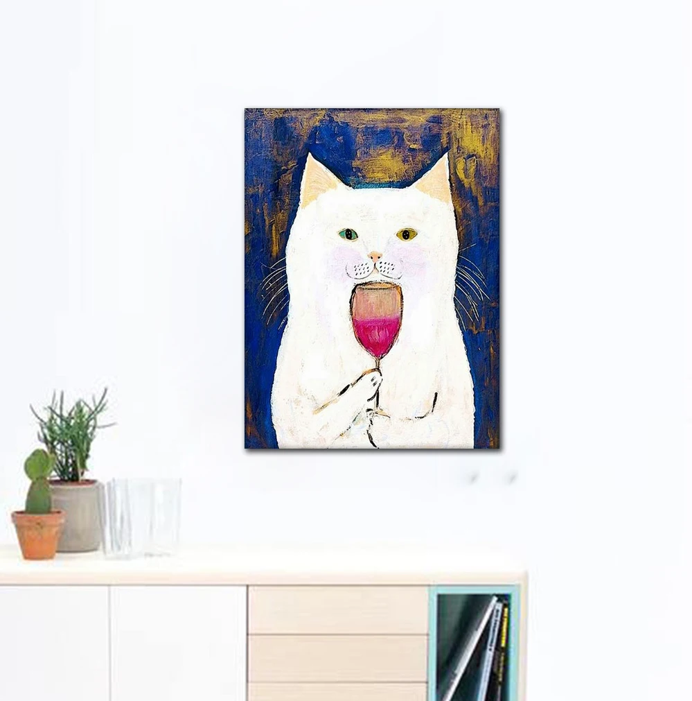 ALMUDENA Белый Кот вкус красное вино нордический милый простой мультфильм холст плакат без рамы настенная живопись мода украшение дома
