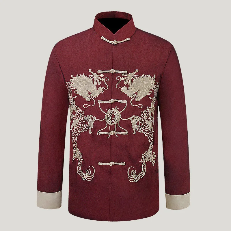 

Autumn New Men's Long Sleeve Frock Traditional Chinese Tang Suit Embroider Dragon Coat Kung Fu Jacket Coat YZT0829