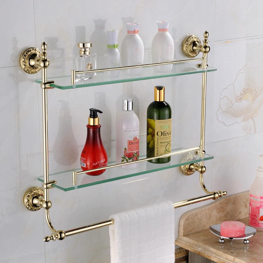 Europe Gold Bathroom Shelf Cosmetics Golden Bench Carved Glass Gold