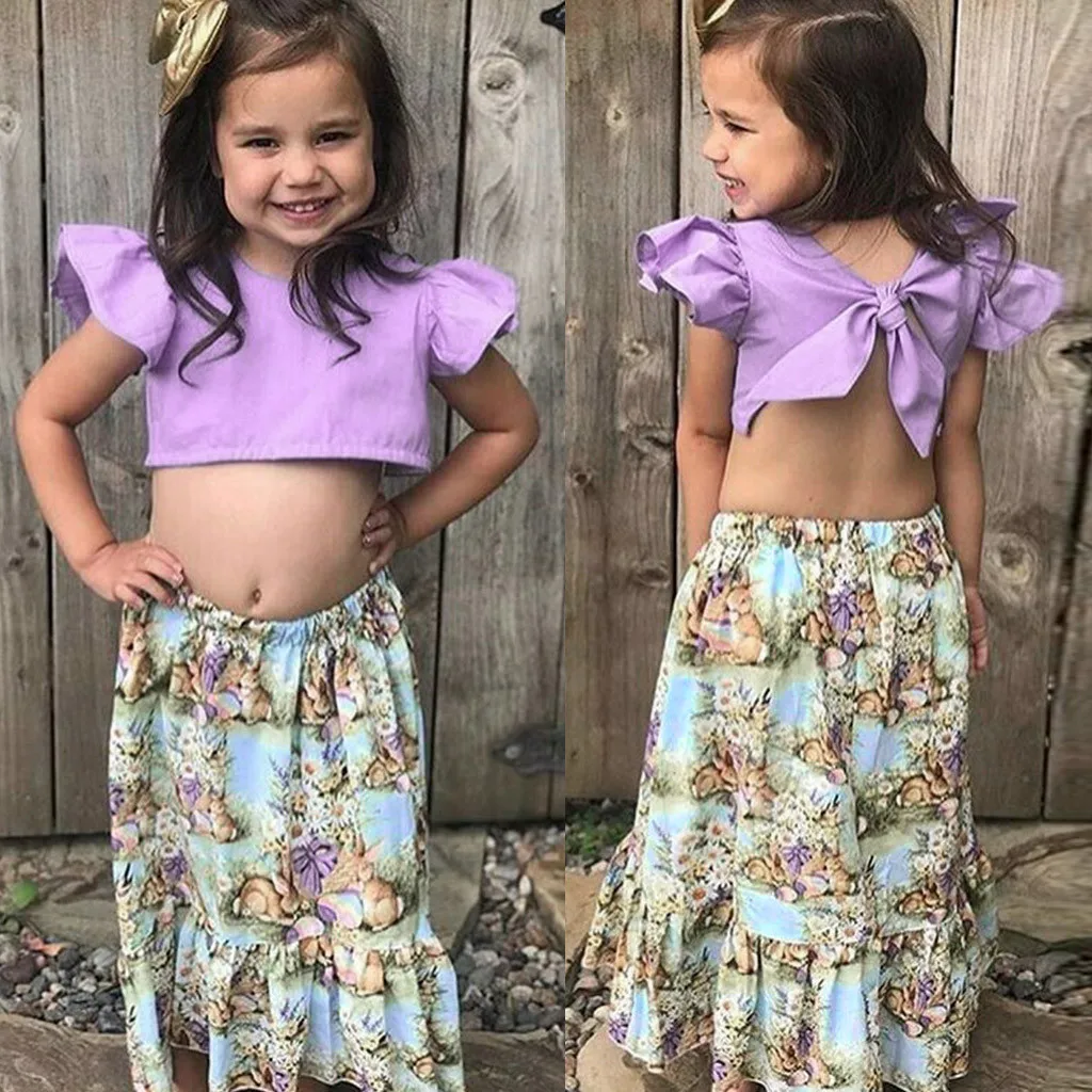 

baby girl fashion summer clothes set Toddler Baby Girls Solid Boob Tube falbala Tops+Cartoon Rabbit Print Skirts Outfits girls