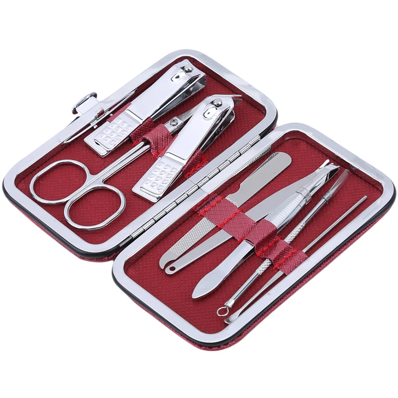 8PCS/Set Stainless Steel Kit Nail Pedicure Manicure Set Art Care Scissor Tweezer Ear Pick Clipper Acne Needle Tool Utility - Цвет: red