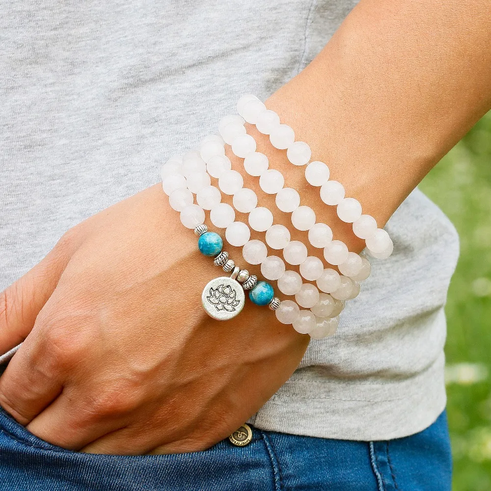 Natural White Chalcedony With Apatite Stone Beads Bracelet Men Women Wing Buddha Yoga Lotus Charm Necklace Unisex Mala Jewelry